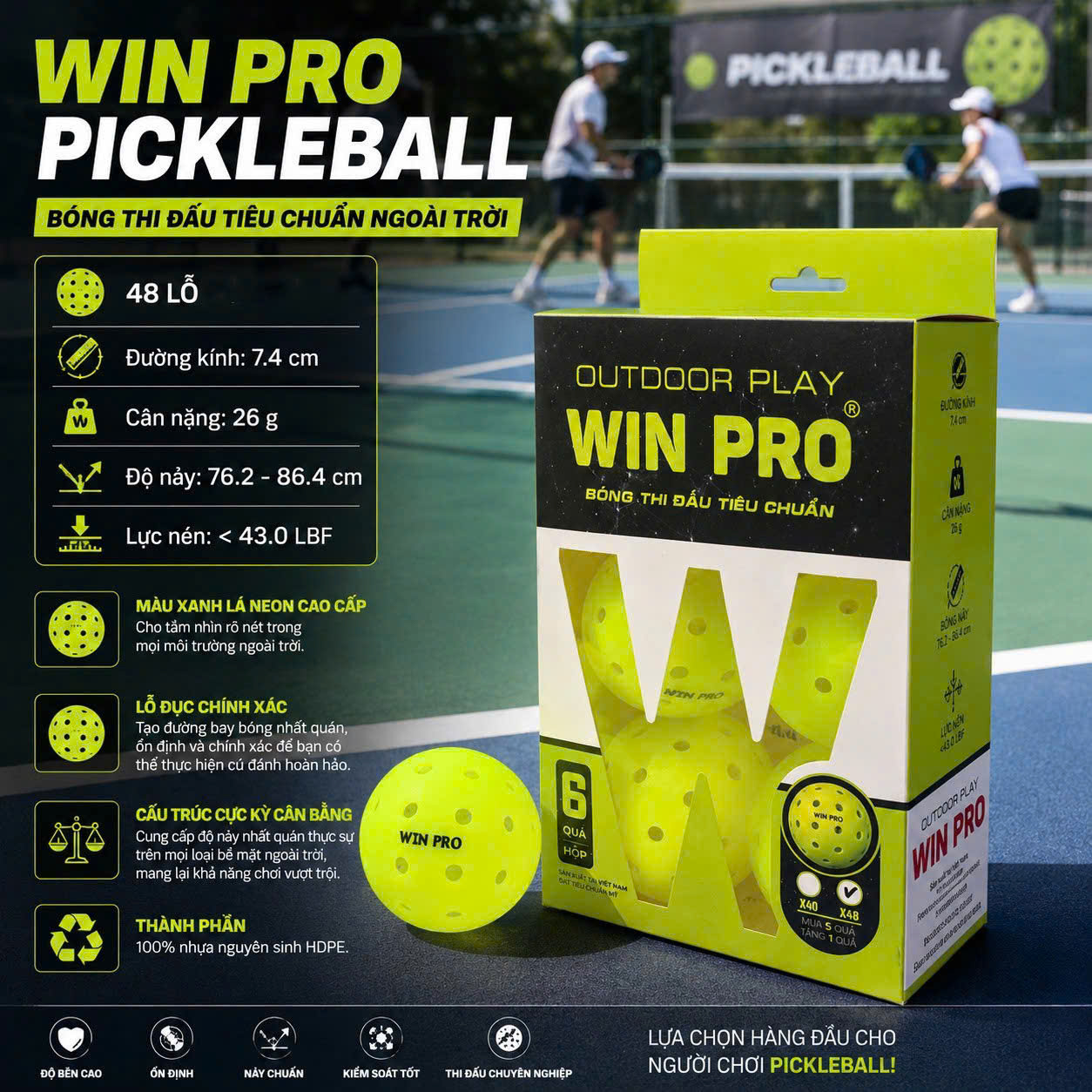 Bóng Pickleball WIN PRO Outdoor Play (Hộp 6 Quả)